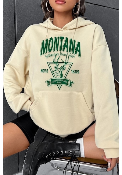 Uyguntarz Unisex Montana Baskılı Sweatshirt Bej