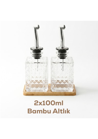 Porsima Dhz90112 2li Bambu Standlı Sızdırmaz Cam Yağlık Sirkelik Yağdanlık 100+100 Ml