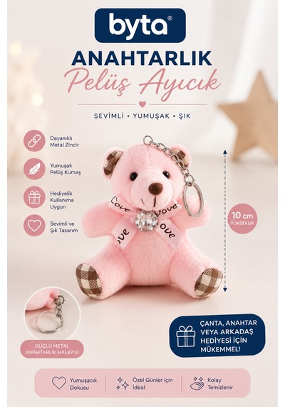 Peluş Ayıcık Anahtarlık 10 Cm Sevimli Çanta Süsü Ve Anahtar Aksesuarı - Hediyelik Pembe