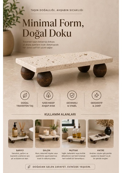 Dikdörtgen Akasya Top Ayaklı Traverten Sunumluk Sunum Tabağı 12x24 Cm Bej