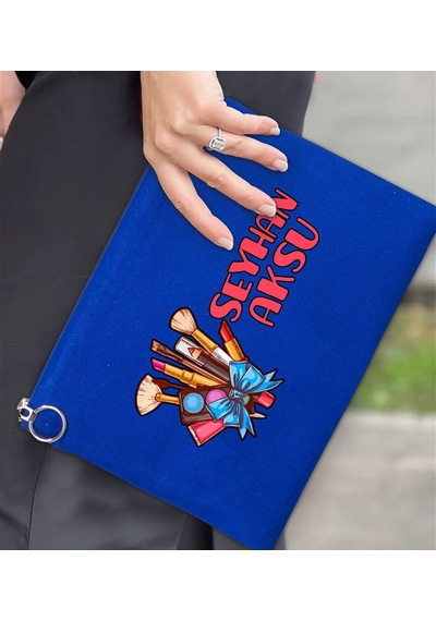 Bk Gift Kişiye Özel İsimli-3 Astarlı Mavi Portföy Çanta 30x21cm, Baskılı El Çantası, Organizer Çanta