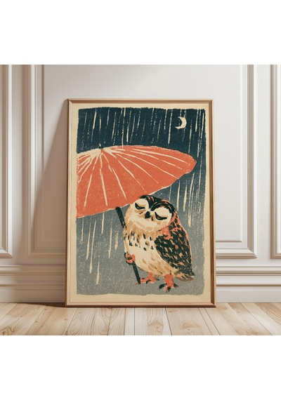 Yağmurda Baykuş Baskısı Japon Ahşap Baskı Tarzı Sanat Hüzünlü Gece Posteri