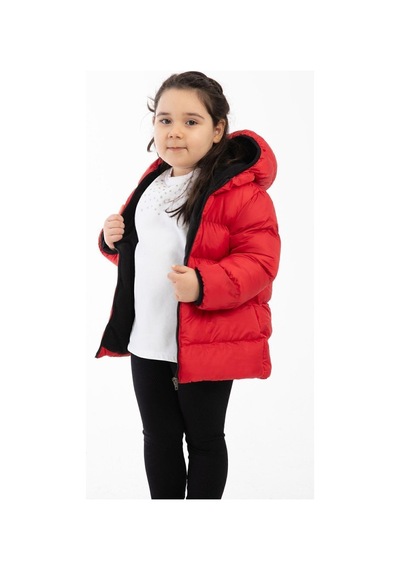 Spor Kız Çocuk Polarlı Kapüşonlu Su Geçirmez Rüzgara Dayanıklı Şişme Kışlık Mont & Kaban-213 Kırmızı