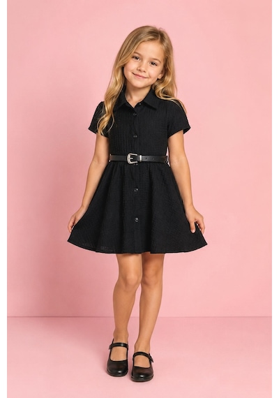 Esila Kids Kız Çocuk Elbise Kemerli Gömlek Elbise Yazlık Siyah
