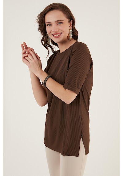 Lela Oversize Bisiklet Yaka Yırtmaç Detaylı Bayan Bluz 5863683 Kahve