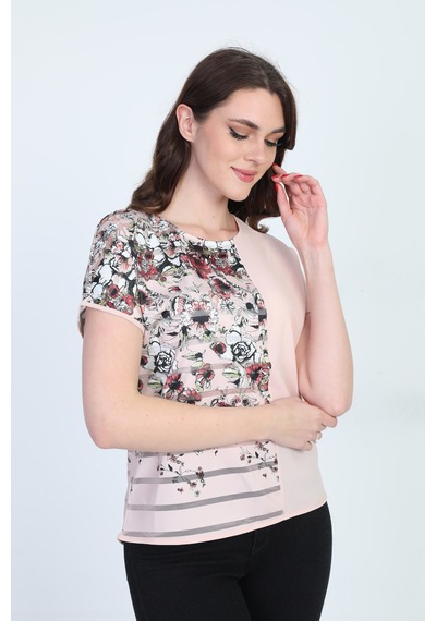 Ella Camelia Kadın Blok Desenli Transparan Detaylı Bluz 19E051 Pu Pudra Ella Camelia Kadın Blok Desenli Transparan Detaylı Bluz 19E051 Pu Pudra
