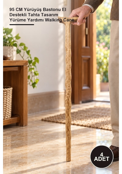 4 Adet Ahşap Baston 95 Cm Yürüyüş Bastonu El Destekli Tahta Tasarım Yürüme Yardımı Walking Cane