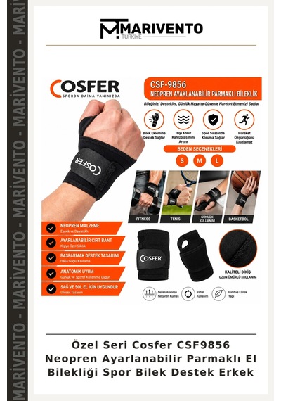 Özel Seri Cosfer Csf9856 Neopren Ayarlanabilir Parmaklı El Bilekliği Spor Bilek Destek Erkek Çok Renkli