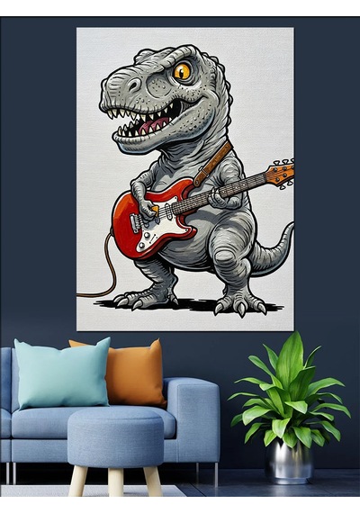 Dinozor Gitar Çalan Müzisyen Dekoratif Kanvas - Mdf Ahşap Tablo