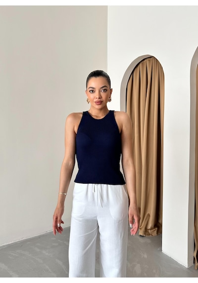 Laluvia Beyaz Beli Lastikli Pamuklu Keten Pantolon Beyaz