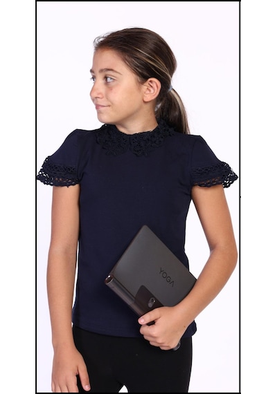 Toontoy Kids Toontoy Kız Çocuk Önü Dantelli Okul Tişört 11315 Lacivert
