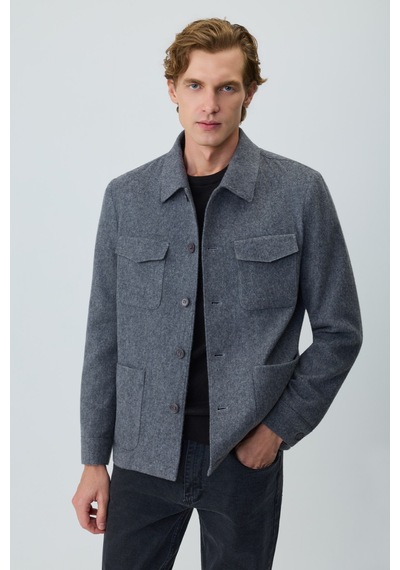 Morven Erkek Gri Trend Yünlü Safari Model Dinamik Fit Gömlek Ceket 27ks022001100 Gri