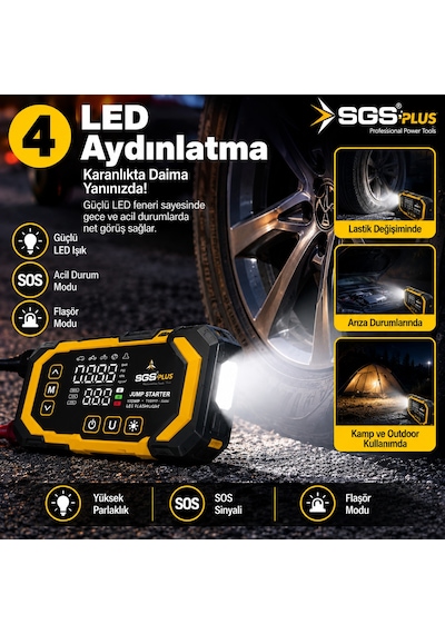 Sgs Plus 4'ü 1 Arada Akım Korumalı Akü Takviye Cihazı 12.000 Mah Powerbank, 150 Psı Lastik Şişirme, Led Fener