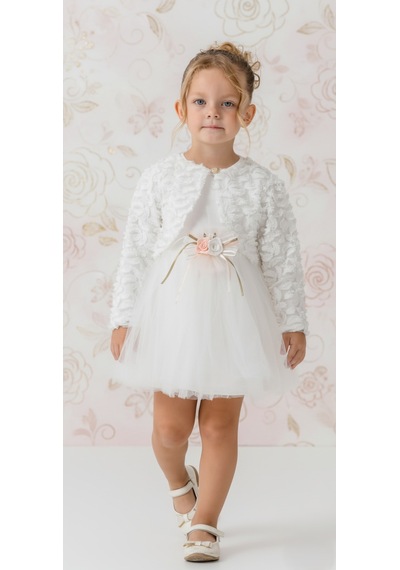 Mnk Baby & Kids Triko Bolerolu Bel Çiçekli Kız Bebek Elbise M00773 ekru