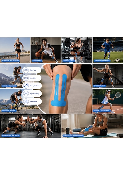 Elitemed Wellness Profesyonel Acl Ve Patella Diz Kapağı Destek Ve Stabilizasyon Bantları - 5 Adet Hazır Kesilmiş Siyah Kinezyoloji Bant