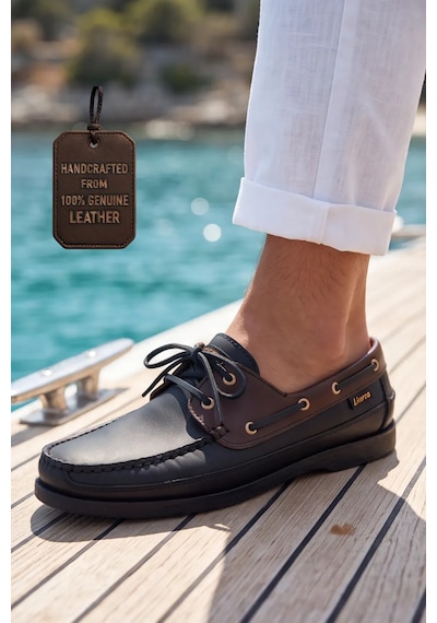 Blue Boy Marina Siyah Kahve Hakiki Deri Lüks Erkek Tekne Ayakkabısı, Makosen, Loafer Ve Casual... Siyah - Kahverengi