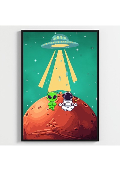 Besay Kozmik Dostluk Modern Çocuk Odası Duvar Dekorasyonu Ufo Ve Gezegen İllüstrasyonlu Komik Tablo Seti 3'lü Set A3 Çerç