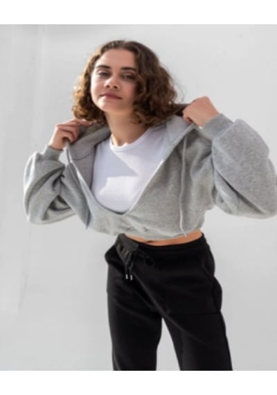 Kadın Kapüşonlu V Yaka Crop Kalın İçi Polarlı Örme Sweatshirt Gri