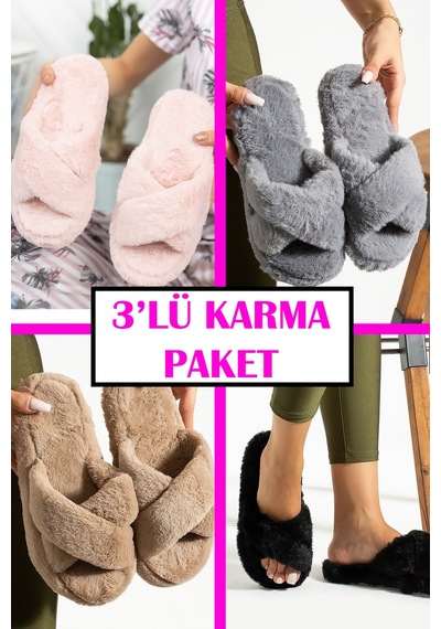 Stwenn 3 Lü Avantajlı Paket Kışlık Peluş Desenli Sessiz Ortopedik Taban Çeyiz Misafir Ev Terliği Set 3'lü Lori