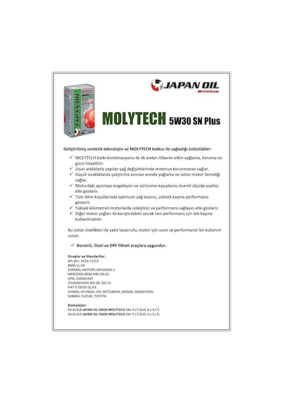 Japan Oil Molytech Sn+ Plus Tam Sentetik 5W-30 Motor Yağı 4 L