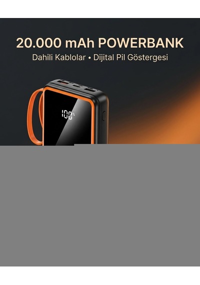 Telefon Ve Mobil Cihaz Uyumlu 20000 Mah Powerbank Dahili Kablolu Dijital Göstergeli