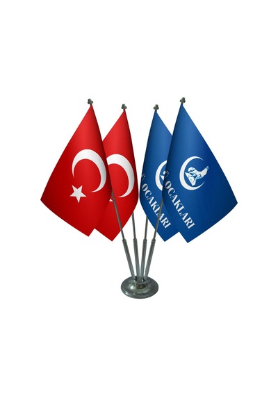 Masa Üstü Ülkü Ocakları Bayrağı Türk Bayrağı Dörtlü Krom Direk Ma