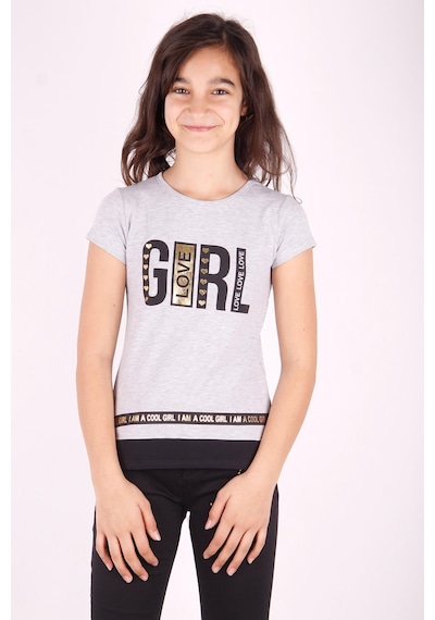Toontoy Kids Toontoy Kız Çocuk Baskılı T-shirt Gri Melanj