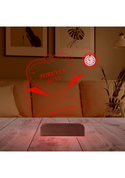 Luvivia Kalp Forever Love Sevgiliye Hediye Zarf Mesajlı Kişiye Özel Metal Saatli 3d Lamba - Masa Gece Lambası