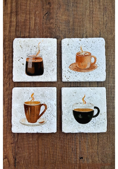 Kahve Ve Çay Temalı Doğal Taş Bardak Altlığı - Stone Coasters Çok Renkli
