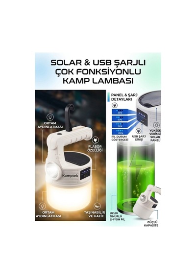 Kamptek Güneş Enerjili Solar Kamp Lambası - Led El Feneri Işıldak Şarjlı Askılı Kamp Doğa Bahçe Dış Mekan Aydınlatması Beyaz Kamptek Güneş Enerjili Solar Kamp Lambası - Led El Feneri Işıldak Şarjlı Askılı Kamp Doğa Bahçe Dış Mekan Aydınlatması Beyaz