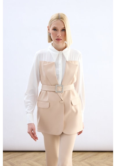 Sateen Ceket Görünümlü Gömlek - Bej-136791 bej