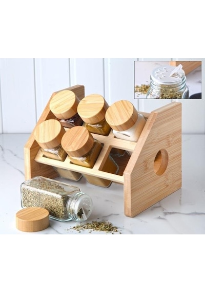 6 Lı Bambu Stantlı Cam Baharatlık, Baharat Takımı 3870 Sarı