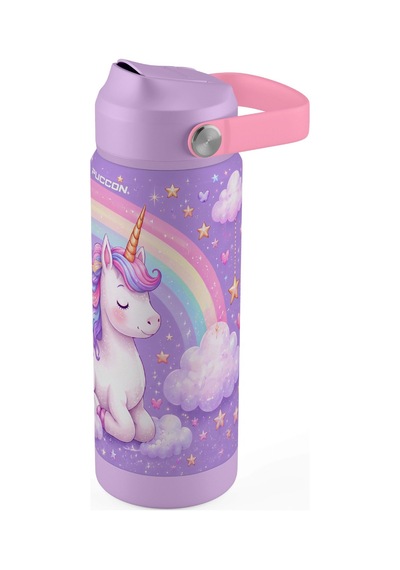 Puccon 540 Ml Unicorn Desenli Lila - Pembe Kız Çocuk Pipetli Çelik Termos Matara/suluk - 60043