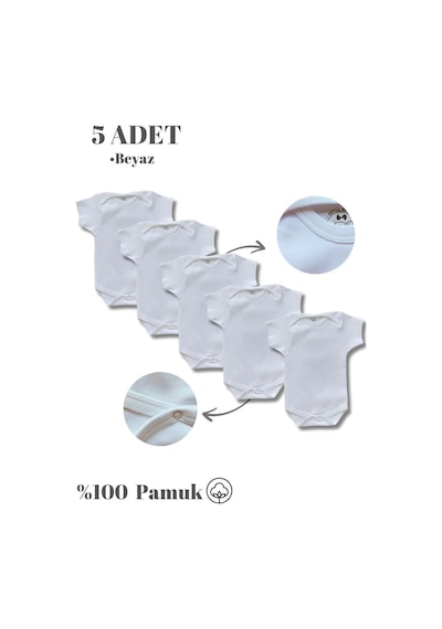 Betül Bebek Kısa Kollu 5'li Organik Pamuk Çıtçıtlı Bebek Body&zıbın 5 Adet Beyaz