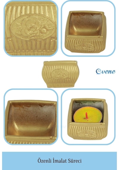 Eskitme Mumluk Şamdan Tealight Mum Uyumlu Mini Çizgili Çiçekli Model - Altın
