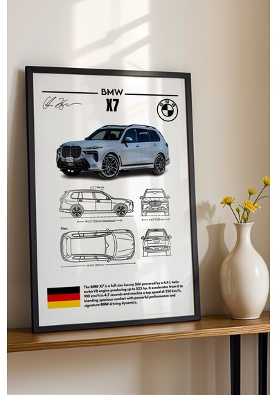 Bmw X7 Tablo - Teknik Özellikli Alman Full-size Lüks Suv Poster - Çerçeveli Duvar Dekoru - Blueprint Siyah