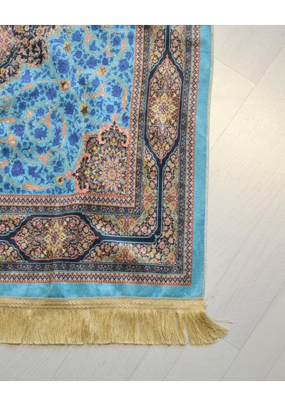 Pratik Ve Taşınabilir İpek Dokulu Çantalı Seccade Halı Desenli Turkuaz- Fermuarlı Turkuaz
