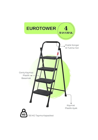 Eurotower 4 Basamak Özel Tasarım Geniş Basamaklı Siyah Merdiven 3+1