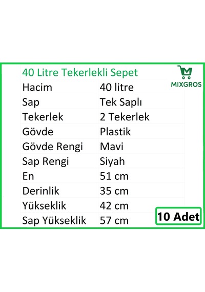 Tekerlekli Plastik Market Alışveriş El Sepeti 40 Litre Mavi 10 Adet