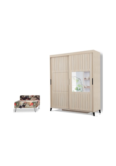 Pasifichome Huga Sürgülü Gardırop Meşe 170Cm / 2 Kapaklı Çekmeceli Dolap