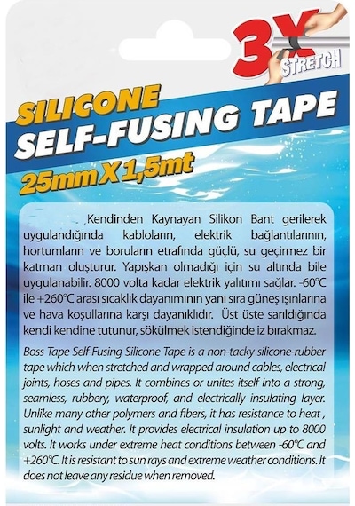 Silikon Kaynayan Çok Amaçlı Bant Boru Patlak Bandı 3katına Kadar Esner Su Altında Uygulanabilir 25x1,5mt-siyah