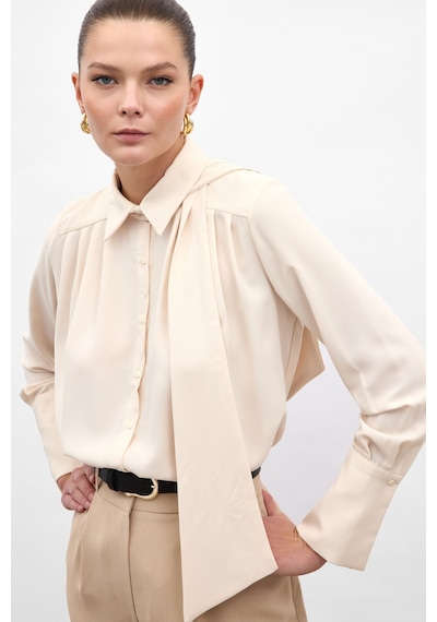 Sateen Fularlı Gömlek - Bej-136900 bej