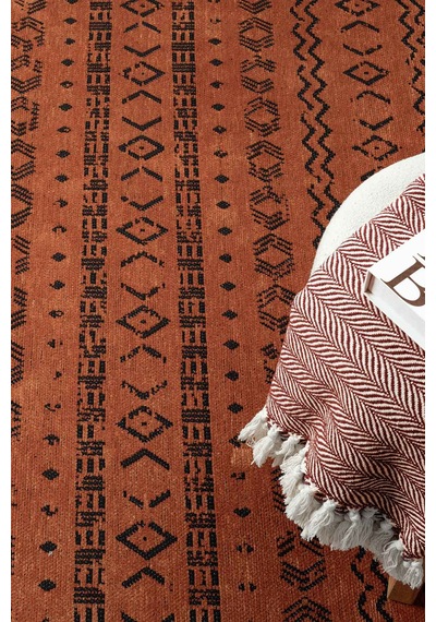 Gaia Kiremit Halı Yıkanabilir Kaymaz Taban Şönil Kilim Dokuma Pamuk Taban Kilim 10319 Kiremit