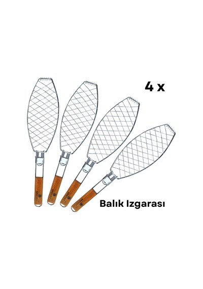 Dooman 4'lü Paslanmaz Çelik Balık Izgara Teli Ahşap Saplı 30x13 Cm Izgara Alanı - 318g