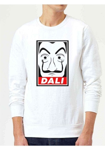 La Case De Papel Salvador Dali Baskılı Beyaz Erkek Örme Sweat