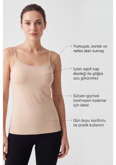 Arma Yıldız Kadın Pedli Atlet İçten Sabit Kaplı Pamuklu Likralı İp Askılı Sütyenli Atlet Ten