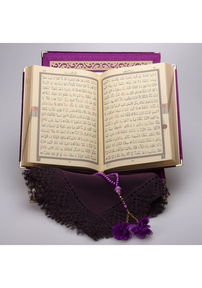 Şal + Tesbih + Kuran Hediye Seti Orta Boy, Şemslafzatullah, Gold Pleksi, Raşel Kutu, Mor