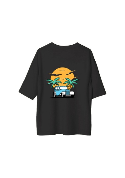 Paybuy Retro Araba Gün Batımı Baskılı Erkek Oversize Tişört Siyah