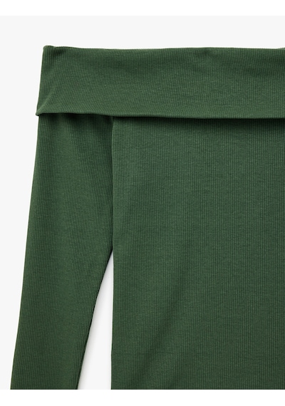 Koton Kaşkorse Slim Fit Uzun Kollu Açık Omuz Tişört Haki 6wak50054ek Haki