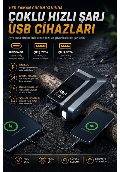 Q16b Akü Takviye Cihazı 18000mah, 150 Psı Hava Kompresörü, Jump Starter Powerbank, Led Fenerli Dijital Ekranlı Last